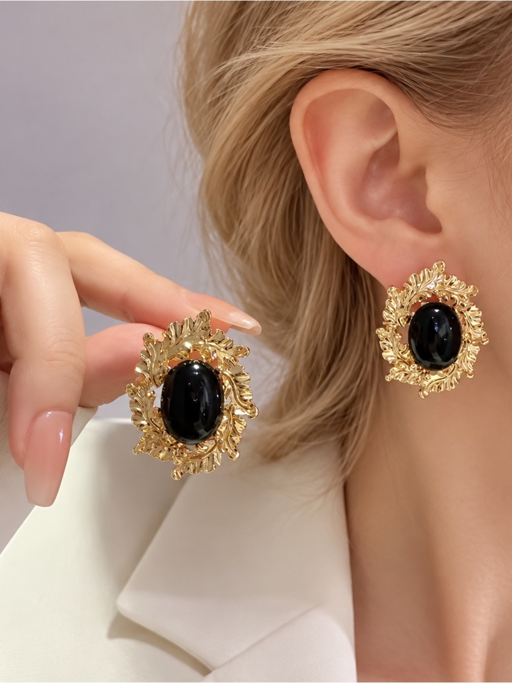 Gold Leaf Black Oval Statement Earrings - Women Jewelry